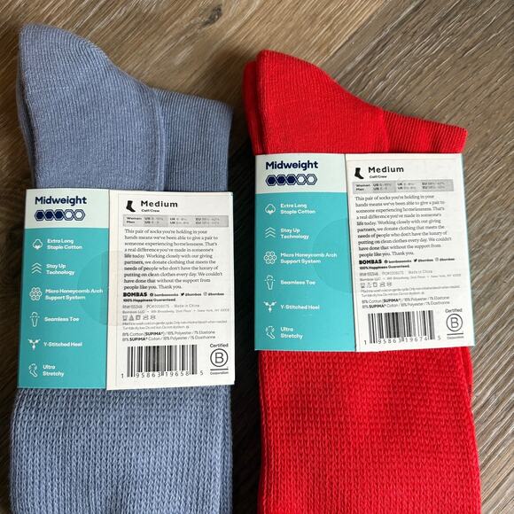 Bombas Midweight Calf/Crew Socks Cotton Blue/Red NWT 2 Pairs - Picture 3 of 4